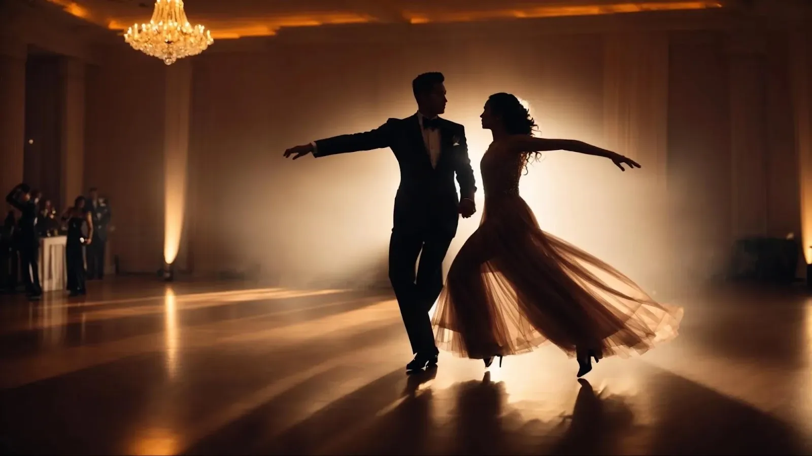 Pereche dansând vals într-o sală de bal, sub candelabru